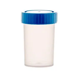 Frasco para muestras roscado de 60ml PP. Color del tapón: azul. Dim: 38 x 65 mm. Estéril: no.