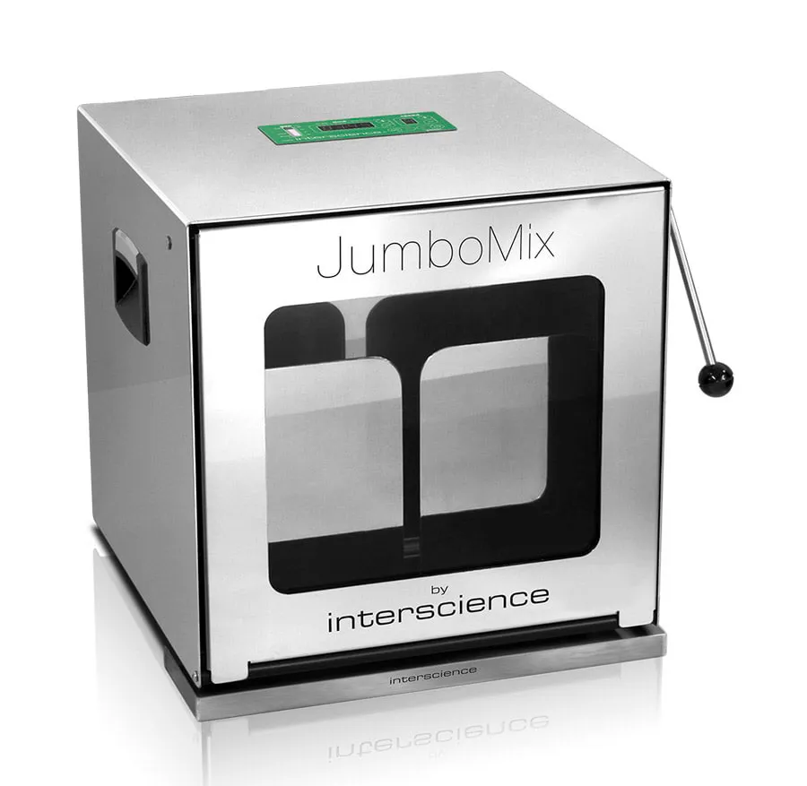 Homogeneizador. INTERSCIENCE. Modelo: JumboMix® 3500 W CC. Capacidad útil: 200-3750 mL. Vol. muestra: Hasta 400g. Velocidad: 1,5-6 golpes/seg. Puerta: Cristal. Dim. AnxAlxPr (mm): 512x468x523