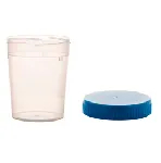 Frasco para muestras de orina de 150 ml graduado hasta 100ml. Tapón de rosca no ensamblado. Color del tapón: Azul. Material: PP. Superfície de escritura: Si. Dim: 58 x 72 mm.