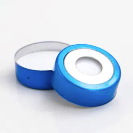 Capsula de aluminio magnetica, septum PTFE blanco/silicona blanca, azul de 20 mm con remache superior, orificio central de 8 mm