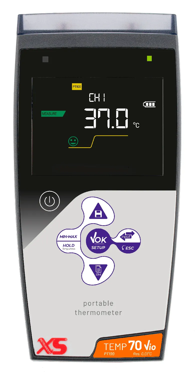 Termómetro de precisión portátil y doble canal TEMP 70 VIO. XS. SIN SONDA. Rango temp. (ºC): -200 a 999,9. Resolución (°C): 0,01 (-99,9 a +99,9ºC), 0,1 (resto de escala). Precisión (ºC): ± 0,03 (-99,9 a +99,9ºC), ± 0,1 (resto de escala). Incluye software, maleta y cable USB