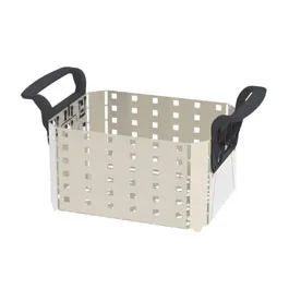 Cestillo de acero inoxidable con asas de plástico. Accesorio para Elmasonic. ELMA. Es muy importante el uso de cestillo para proteger el baño. Para modelo: Elmasonic 15/20. Dimensiones An x Al x Pr (mm): 110x50x105