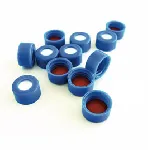 Tapón de polipropileno azul abierto, rosca 9-425, septum PTFE rojo/Silicona blanca.