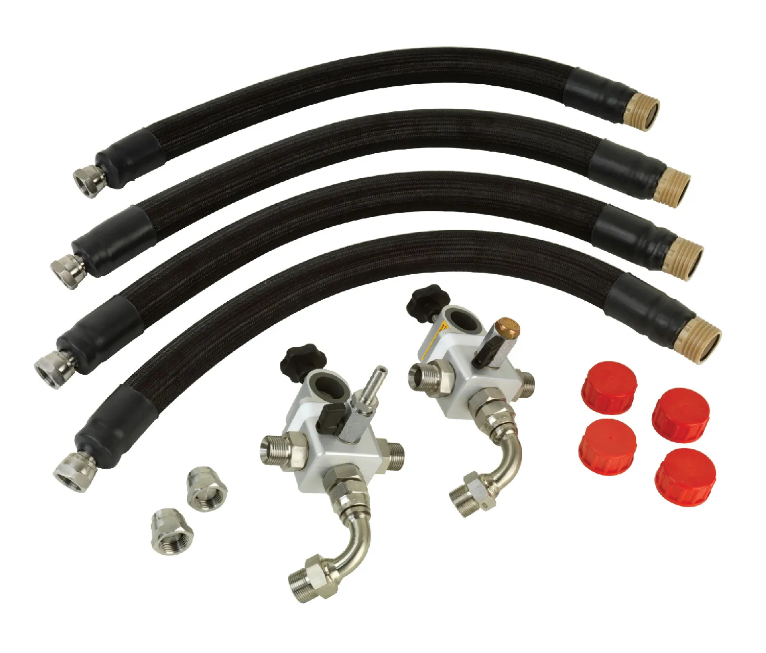 Kit distribucion simple, para usar 1 solo termostato. RADLEYS. Incluye: Distribuidor central de retorno con válvula de venteo. Distribuidor central de entrada con válvula de desagüe. 4 x Mangueras de conexión Quick-Release 70 cm. 4 x Tapones para mangueras. 4 x Tapones de ac. inox. Reactor-Ready™ Flex