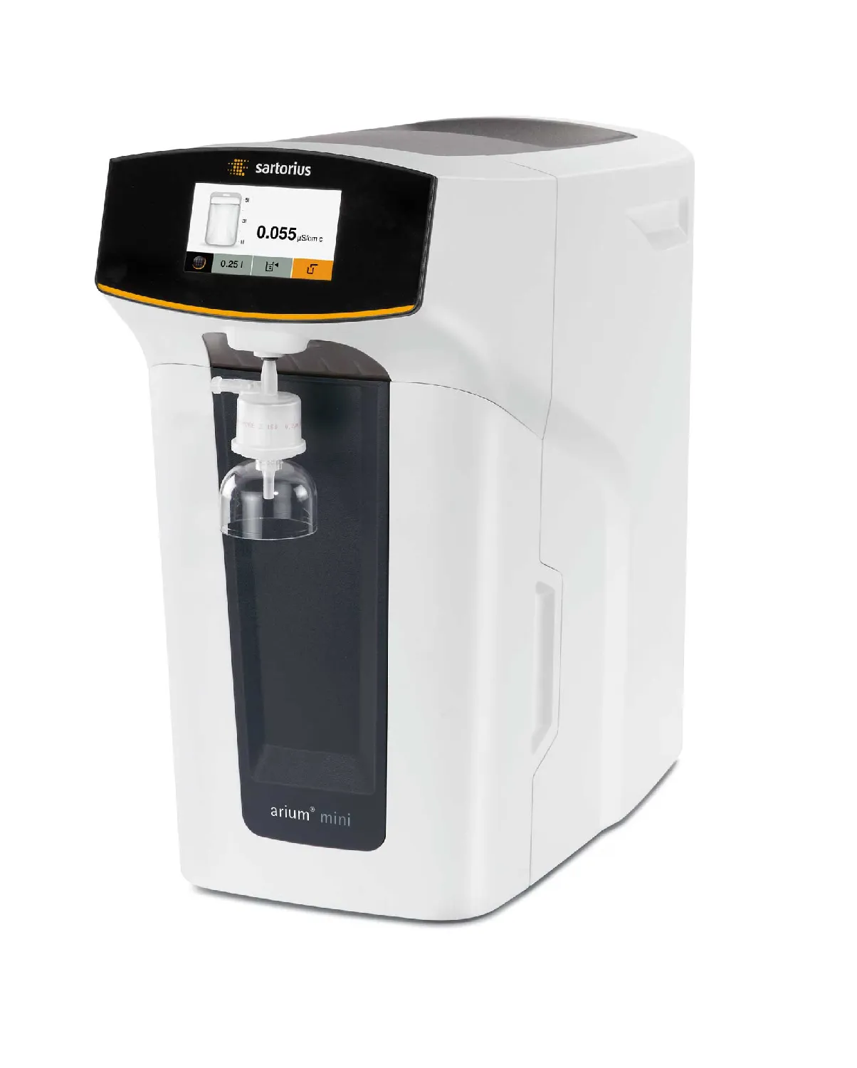 Arium® mini essential. SARTORIUS. Tipo de agua: Agua ultrapura ASTM tipo 1. Velocidad de flujo de dispensación: Hasta 1,0l/min. Exactitud: ± 3 %. Conductividad: 0,055 ?S/cm a 25ºC. Resistencia: 18,2 M? x cm. Contenido COT: &lt; 5 ppb. Lámpara: No. SARTORIUS. Sistemas de purificación de agua arium® mini.