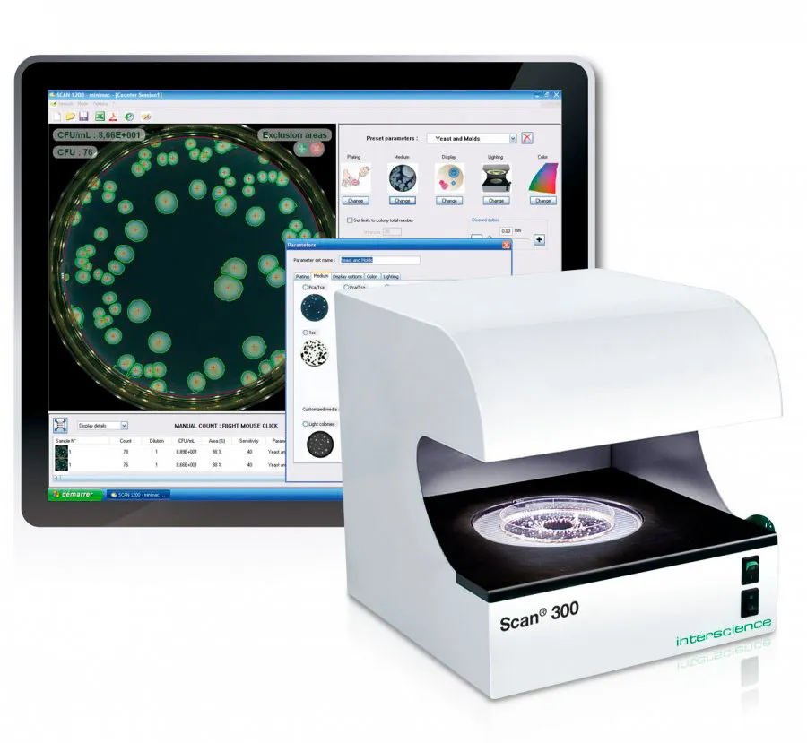 Contador de colonias automático Scan®. INTERSCIENCE. Modelo: Scan® 300. Resolución: 640x480 píxeles. Dim. AnxAlxPr (cm): 27x27x29