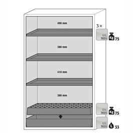 Paquete de equipamiento para armarios de seguridad para productos inflamables UNE EN 14470-1. Para modelos: S90.129.120.WDAS. ASECOS. Descripción: 3x bandeja, 1x bandeja perforada, 1x cubeto de retención (V=33.0L). Material: Plancha de acero plastificada RAL 7035