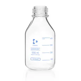 Frasco para laboratorio pressure plus+ con rosca DIN, transparente, graduado y retrace code, sin tapón roscado ni anillo de vertido. DURAN®. Capacidad (mL): 500. Rosca (GL): 45. Diámetro externo (mm): 86. Altura (mm): 176