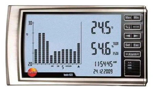 Termohigrómetros de pared y sobremesa. TESTO. Testo 623: higrómetro, protocolo de calibración, pilas, tornillo y taco para colgar en la pared.Rango de medición y exactitud: Sensor NTC -10a+60°C,±0.4°C; Sensor humedad 0a100%HR, ±2-3%HR