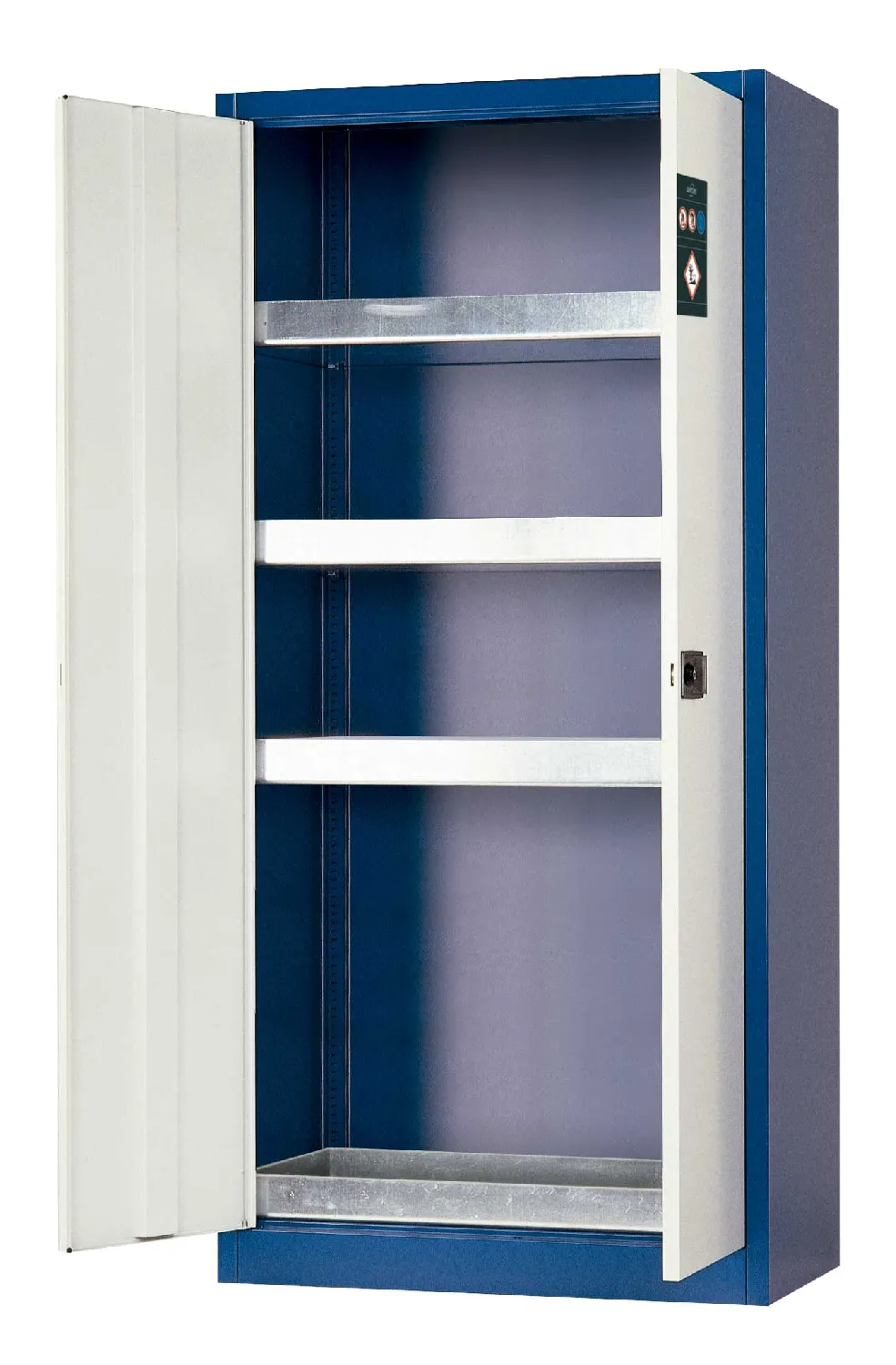 Armario ecológico. ASECOS. Modelo: E.195.095. Color cuerpo/puerta: Azul genciana/ Gris claro. Equipamiento: Equipamiento interior con 3 x bandeja tipo cubeta, 1 x cubeto de retención (plancha de acero galvanizada). Carga máx. (kg): 300. Dim. AnxAlxPr (mm): 950x1950x500. Peso (Kg): 91