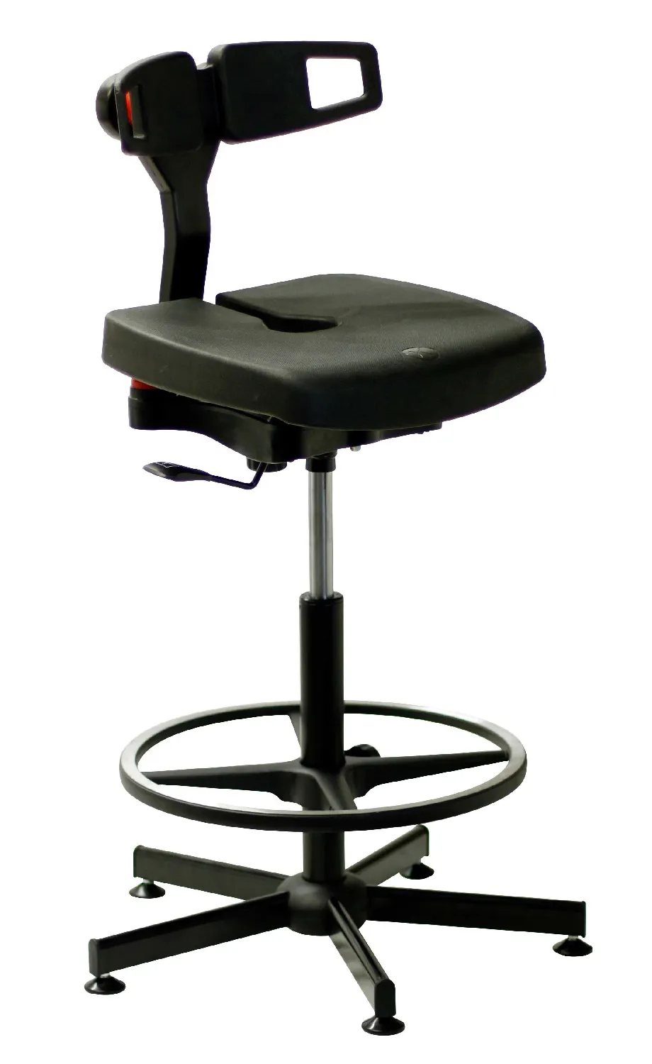 Taburete de laboratorio ergonómico, gama KONCEPT. KANGO. Características: El asiento flexible se adapta a los movimientos del usuario. Asiento Ajustable: Sí. Reposapies: Sí. Altura asiento (mm): 610-855. color: Negro. Sala blanca: No