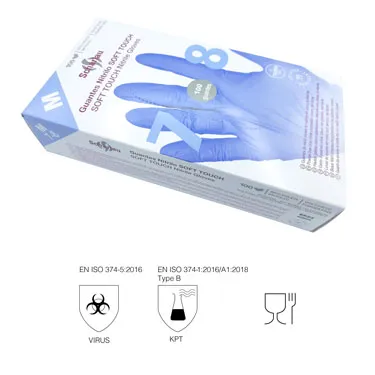 Sealed box of Scharlau purple nitrile powder-free disposable gloves used as personal protective equipment (PPE)